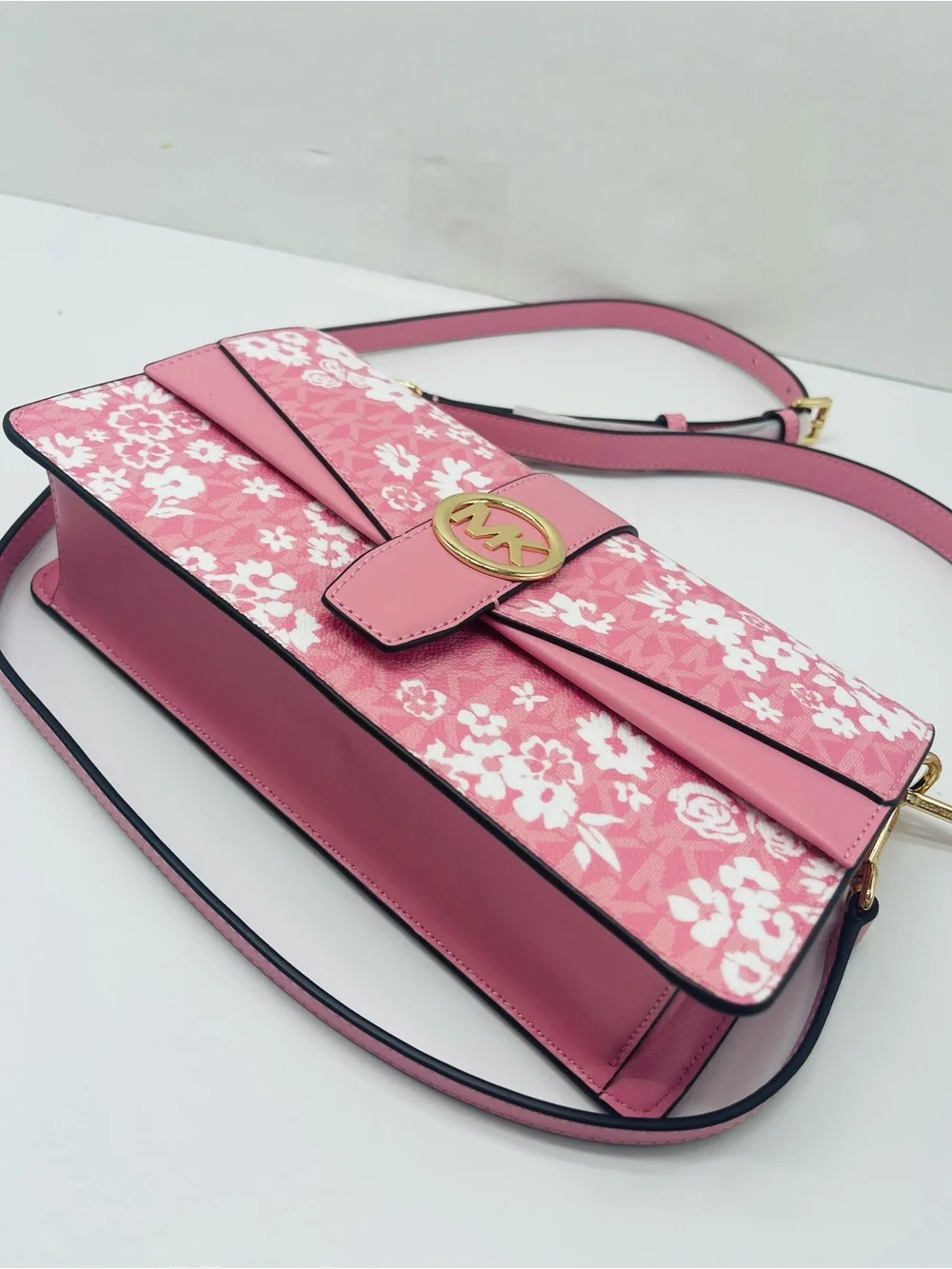 MICHAEL KORS Greenwich Md Printed MK Logo Convertible Shoulder Carnation  NWT